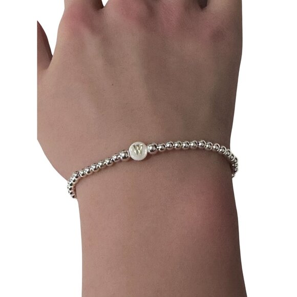925 Sterling Silver Beaded Stretch Stacking Bracelet MOP Letter Initial W - Picture 3 of 6